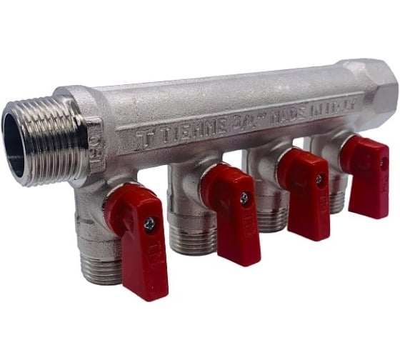 Коллектор Tiemme НВ, 3/4", 4х1/2"х16, Н 36 мм, никелированный, с кранами 1820049/1824N160404