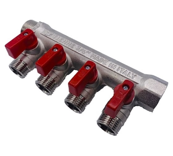 Коллектор Tiemme НВ, 3/4", 4х1/2"х16, Н 36 мм, никелированный, с кранами 1820049/1824N160404