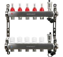 Коллектор для теплого пола SANEXT с расходомерами, автоматический, в/о и дренаж., ДУ25, ВР1"х 5 контуров НР 3/4" 8525-1
