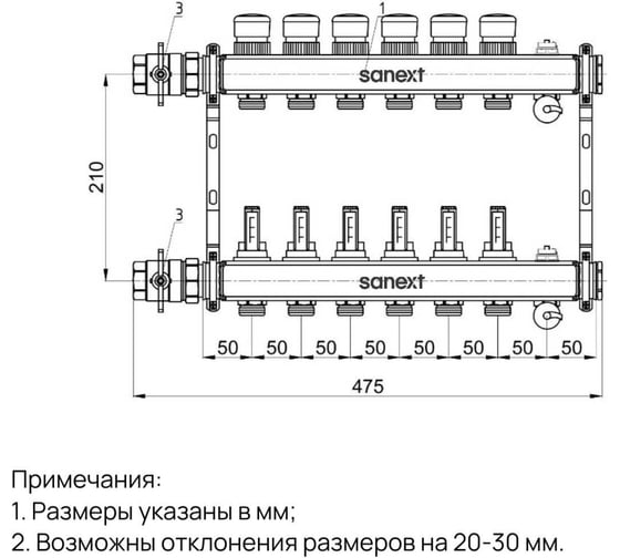 Коллектор для теплого пола SANEXT нержавеющая сталь, с расходомерами, автоматический в/о и дренажный клапан, ДУ25, ВР1x6 конт. НР 3/4 8526-1