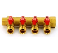 Коллектор Tiemme Nino НВ, 3/4", с кранами, 4 выхода, 1/2", Н 36 мм, красный, флажок 1820066