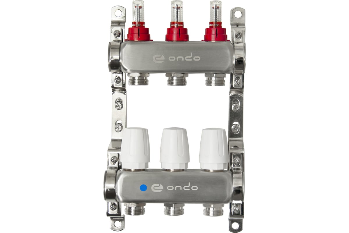 Коллекторная группа ONDO нержавеющая сталь, 3 выхода, в сборе с  расходомерами и термостатическими клапанами без сливных кранов и  воздухоотводчиков ...
