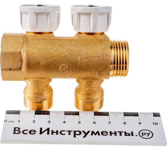 Коллектор Giacomini латунь R585C 3/4 ВР/НР на 2 выхода 1/2 НР с запорными клапанами R585CY072 040-2338