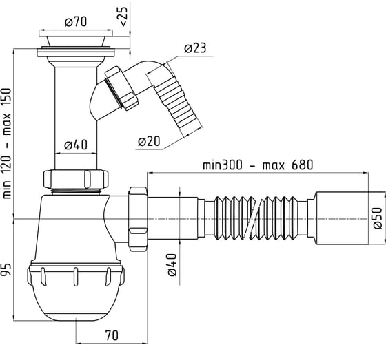 Сифон для умывальника/мойки АНИ Пласт бутылочный, литой выпуск, 1 1 ...