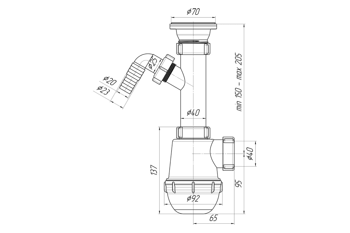 Сифон для мойки АНИ Пласт бутылочный, 1 1/2x40, с отводом, нержавеющая ...