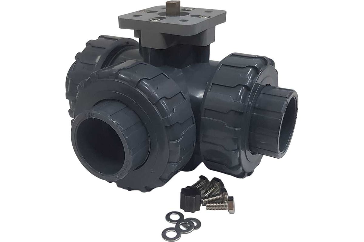 Трехходовой шаровой кран TECHNO 3040T-PVC ПВХ, под привод DN40, рабоч ...