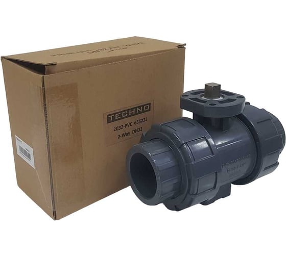 Двухходовой шаровой кран TECHNO 2032-PVC ПВХ, под привод DN32, рабоч. темп. -10~60C 655232
