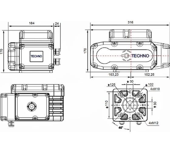 Электропривод для запорной арматуры TECHNO MP100-DF/230V, 100Nm, многооборотный, управление открыто/закрыто, напряжение АС220B, вес 6кг. 100420