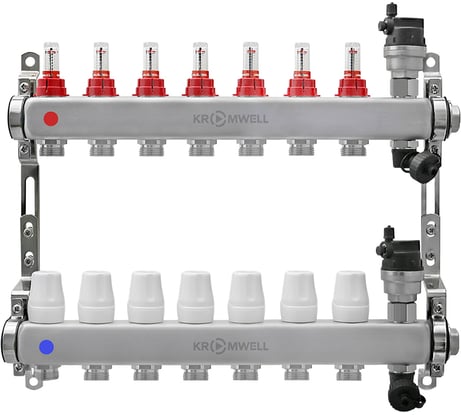 Коллекторный блок KROMWELL из нерж. cтали с расходомерами, в комплекте 1", 7x3/4", "евроконус" KW.SM6000675