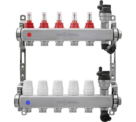 Коллекторный блок KROMWELL из нерж. cтали с расходомерами, в комплекте 1", 5x3/4", "евроконус" KW.SM6000655