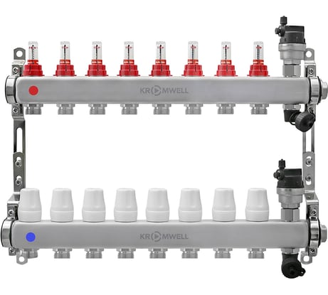 Коллекторный блок KROMWELL из нерж. cтали с расходомерами, в комплекте 1", 8x3/4", "евроконус" KW.SM6000685
