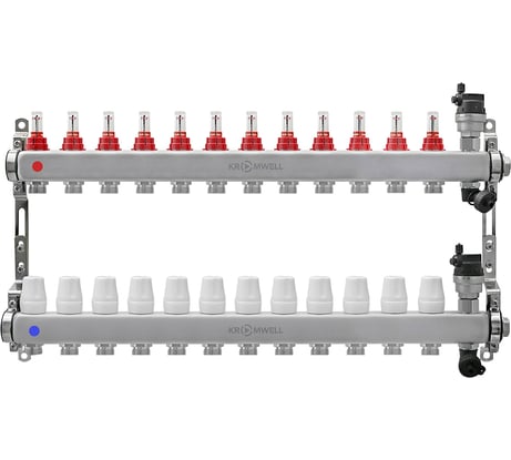 Коллекторный блок KROMWELL из нерж. cтали с расходомерами, в комплекте 1", 12x3/4", "евроконус" KW.SM6006125