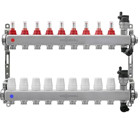 Коллекторный блок KROMWELL из нерж. cтали с расходомерами, в комплекте 1", 9x3/4", "евроконус" KW.SM6000695