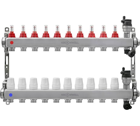Коллекторный блок KROMWELL из нерж. cтали с расходомерами, в комплекте 1", 10x3/4", "евроконус" KW.SM6006105