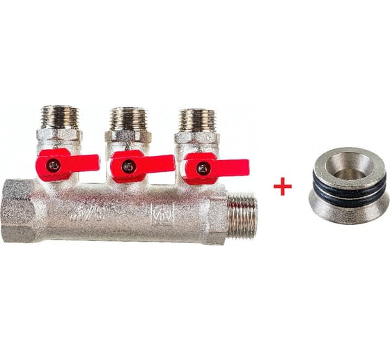 Комплект Valtec _17 VI7 Коллектор с кранами 3 вых. х 3/4"х 1/2 НР VTc.580.N.0503 + Адаптер д/коллектора /конус-плоскость/ 1/2 VTc.701.N.04 VT.VI7.K17.5800503.701