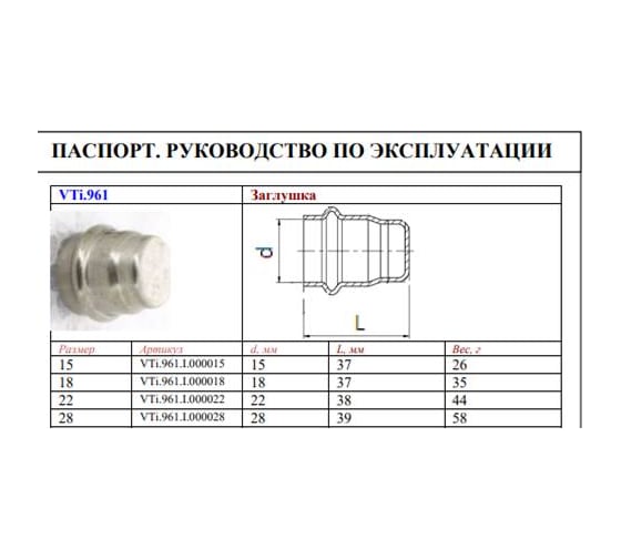 Заглушка из нержавеющей стали VALTEC 28 VTi.961.I.000028