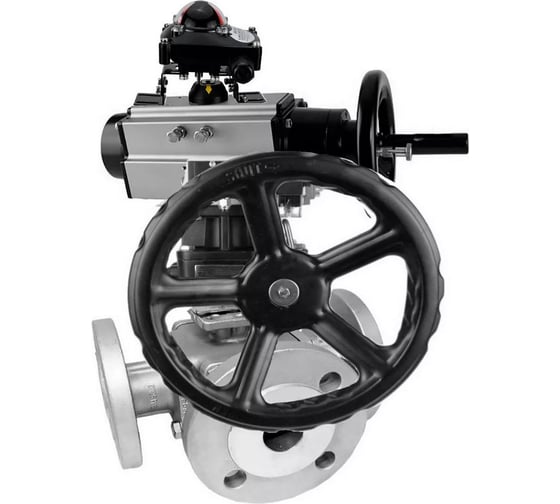 Кран DN.ru 316-316-PTFE-16 ISO 3-ход T-тип Ду100 Ру16 пневмораспределитель, БКВ взрывозащищенный, дублёр D160-34200 1