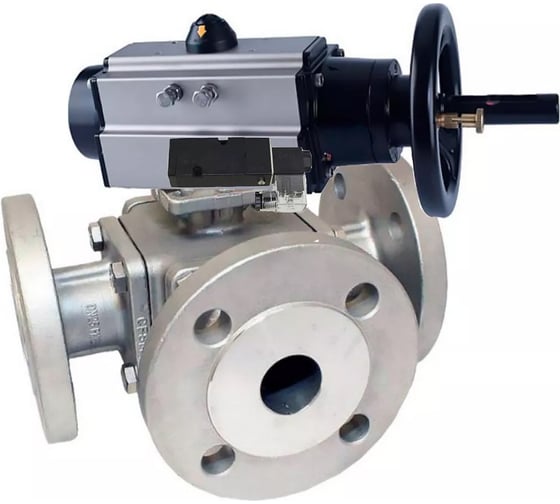 Кран шаровой DN.ru 316-316-PTFE-16 ISO 3-ходовой T-тип Ду100 Ру16, пневмораспределитель D160-34240 1
