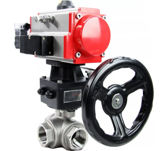 Кран шаровый DN.ru RP.SS316.200.MM ISO 3-ход T-тип Ду25 Ру63, пневмораспред., дублёр D160-08289 1