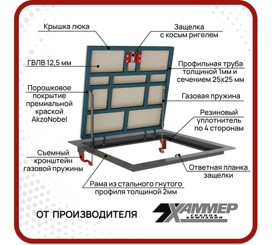 Люк напольный Хаммер Бонд Лайт 60x60 см, стальной, в подвал, для погреба, под плитку bond66lt