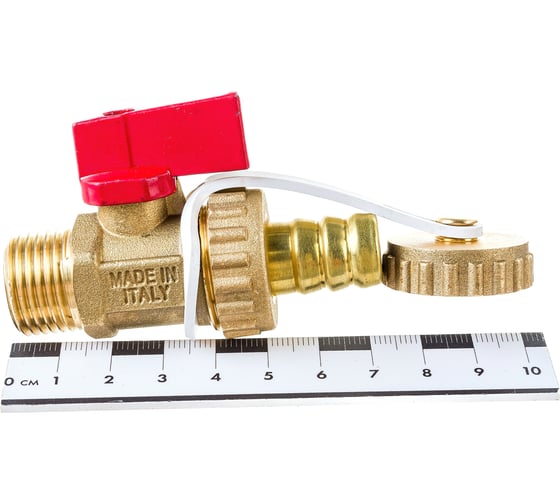 Шаровой кран Uni-Fitt НН 1/2" x 3/4", сливной, со штуцером и заглушкой, флажок, красный, металл, латунь 126G2000