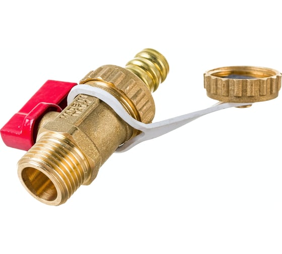 Шаровой кран Uni-Fitt НН 1/2" x 3/4", сливной, со штуцером и заглушкой, флажок, красный, металл, латунь 126G2000