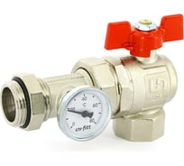 Угловой кран Uni-Fitt НВ 1" с разъёмным соединением и термометром для коллекторных групп, полнопроходной, бабочка 138T4000