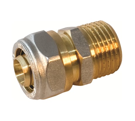 Муфта прямая обжимная Millennium 26 мм × 3/4" с наружной резьбой для металлопластиковых труб — латунный фитинг для систем отопления и водоснабжения MMM3426