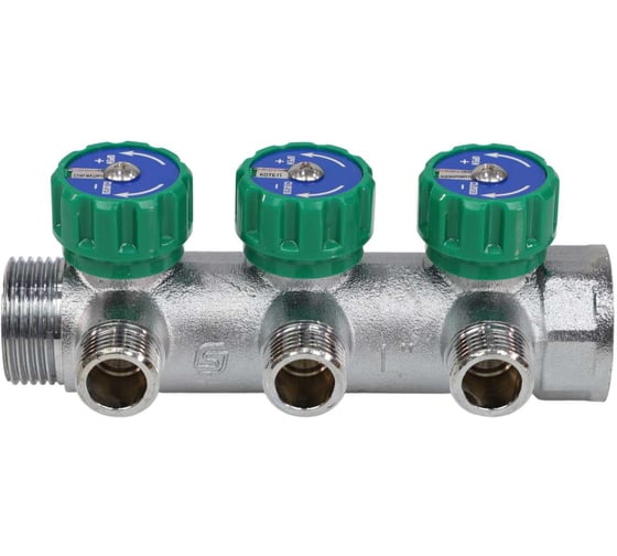 Коллектор с регулирующими клапанами SantechSystems 1", 3 выхода под плоское уплотнение 1/2" н/р, межосевое расстояние между выходами 45мм 129-8676 1