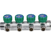 Коллектор с регулирующими клапанами SantechSystems 1", 4 выхода под плоское уплотнение 1/2" н/р, межосевое расстояние между выходами 45мм 129-8678