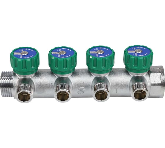 Коллектор с регулирующими клапанами SantechSystems 1", 4 выхода под плоское уплотнение 1/2" н/р, межосевое расстояние между выходами 45мм 129-8678 1