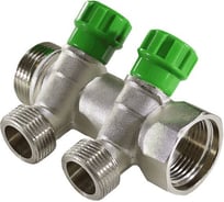 Коллектор с регулирующими клапанами SantechSystems 1", 2 выхода 3/4" ЕК н/р, межосевое расстояние между выходами 36мм, латунь 129-9351