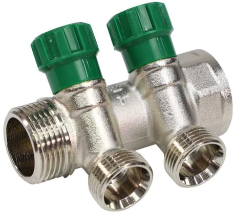 Коллектор с регулирующими клапанами SantechSystems 1", 2 выхода 3/4" ЕК н/р, межосевое расстояние между выходами 36мм, латунь 129-9351