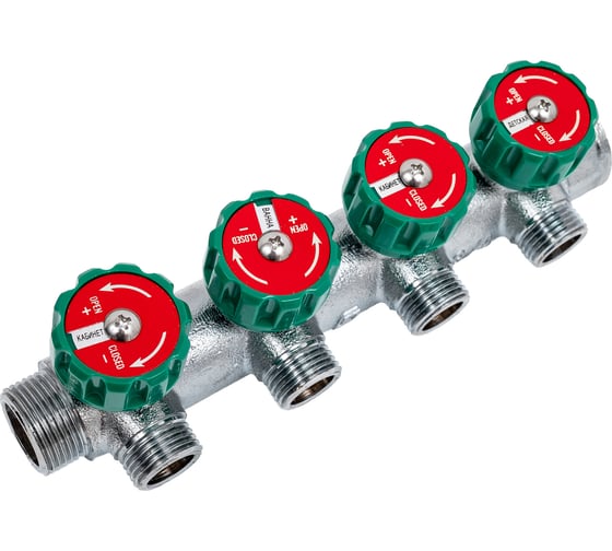 Коллектор лат клап рег SantechSystems 3/4", 4 выхода под плоское уплотнение 1/2" н/р, межосевое расстояние между выходами 45мм 129-8674