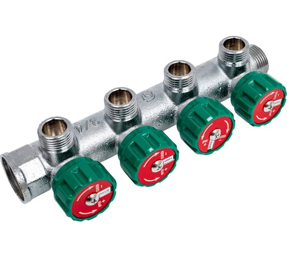 Коллектор лат клап рег SantechSystems 3/4", 4 выхода под плоское уплотнение 1/2" н/р, межосевое расстояние между выходами 45мм 129-8674