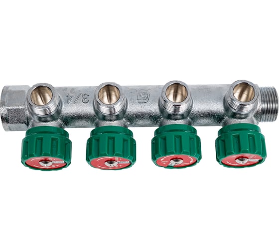 Коллектор лат клап рег SantechSystems 3/4", 4 выхода под плоское уплотнение 1/2" н/р, межосевое расстояние между выходами 45мм 129-8674