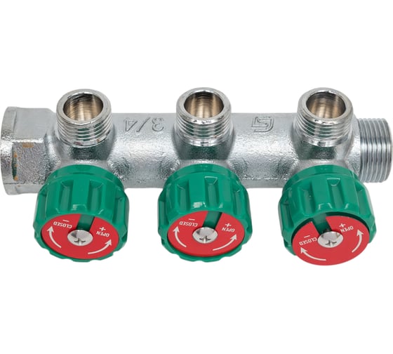Коллектор лат клап рег SantechSystems 3/4", 3 выхода под плоское уплотнение 1/2" н/р, межосевое расстояние между выходами 45мм 129-8673