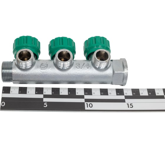 Коллектор лат клап рег SantechSystems 3/4", 3 выхода под плоское уплотнение 1/2" н/р, межосевое расстояние между выходами 45мм 129-8673