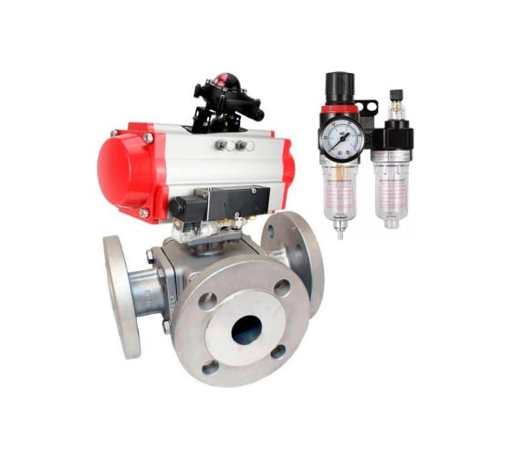 Шаровой кран DN.ru 316-316-PTFE L-тип Ду40 Ру16, пневмопривод, пн.распред., БКВ, БПВ D160-32932 1