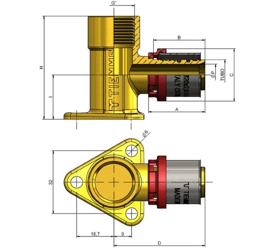 Угольник настенный Tiemme 40мм 1656SM пресс 1/2" x 16-2,0 1650021