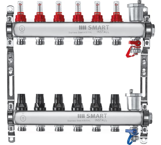 Комплект коллекторов Smart Install нерж. ст., с расходомерами 1x3/4-6 вых., 53106S 1