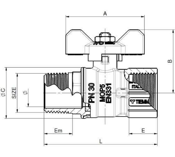 Kран шаровой для газа Tiemme ВН 2371G07 бабочка Rp1"—R1" DN25 TORNADO 2390012