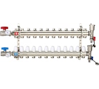 Коллектор регулируемый с запорными клапанами из латуни - 2 шаровых крана с термометром - 2 воздухоотводчика - 2 сливных крана - 2 кронштейна 12-вых. x 1" x 3/4" Gappo G425.12