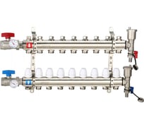 Коллектор регулируемый с запорными клапанами из латуни - 2 шаровых крана с термометром - 2 воздухоотводчика - 2 сливных крана - 2 кронштейна 9-вых. x 1" x 3/4" Gappo G425.9
