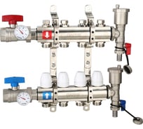 Коллектор регулируемый с запорными клапанами из латуни - 2 шаровых крана с термометром - 2 воздухоотводчика - 2 сливных крана - 2 кронштейна 4-вых. x 1" x 3/4" Gappo G425.4