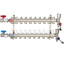 Коллектор регулируемый с запорными клапанами из латуни - 2 шаровых крана с термометром - 2 воздухоотводчика - 2 сливных крана - 2 кронштейна 10-вых. x 1" x 3/4" Gappo G425.10