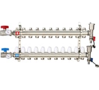 Коллектор регулируемый с запорными клапанами из латуни - 2 шаровых крана с термометром - 2 воздухоотводчика - 2 сливных крана - 2 кронштейна 11-вых. x 1" x 3/4" Gappo G425.11
