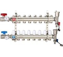 Коллектор регулируемый с запорными клапанами из латуни - 2 шаровых крана с термометром - 2 воздухоотводчика - 2 сливных крана - 2 кронштейна 8-вых. x 1" x 3/4" Gappo G425.8