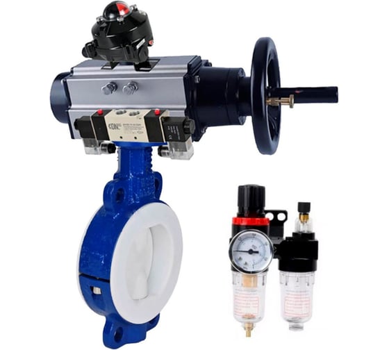 Затвор DN.ru WCB-WCB-PTFE-PTFE-Fb-H Ду125 Ру16 с пневмоприводом, пневмораспределителем, БПВ, БКВ D050-65221 1