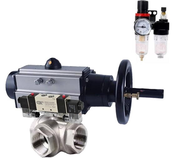 Шаровой кран DN.ru RP.SS316.200.MM L-тип Ду80 Ру40 пневмопривод, пневмораспр, БПВ D160-59184 1